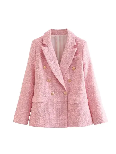 Women’s Double Breasted Button Up Beige Tweed Blazer