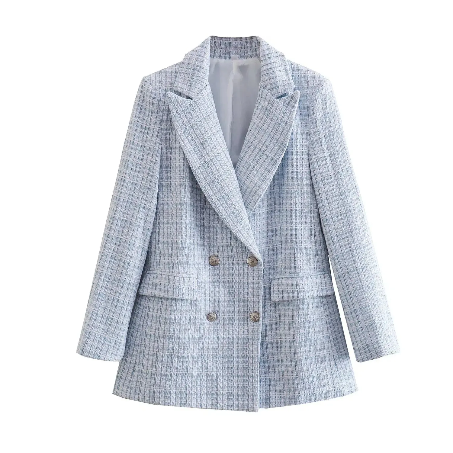 Women’s Double Breasted Button Up Beige Tweed Blazer