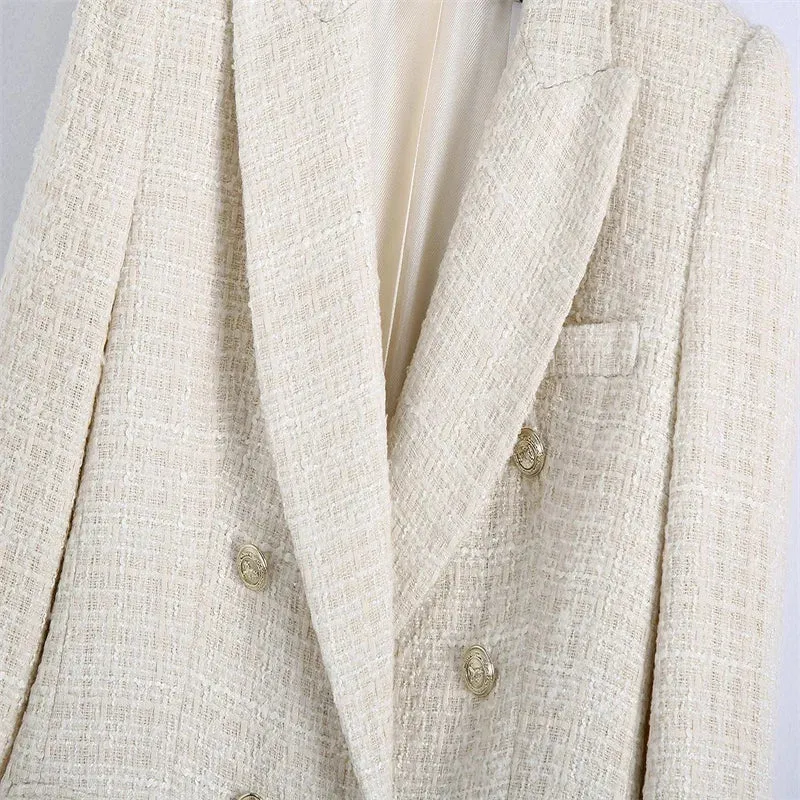 Women’s Double Breasted Button Up Beige Tweed Blazer