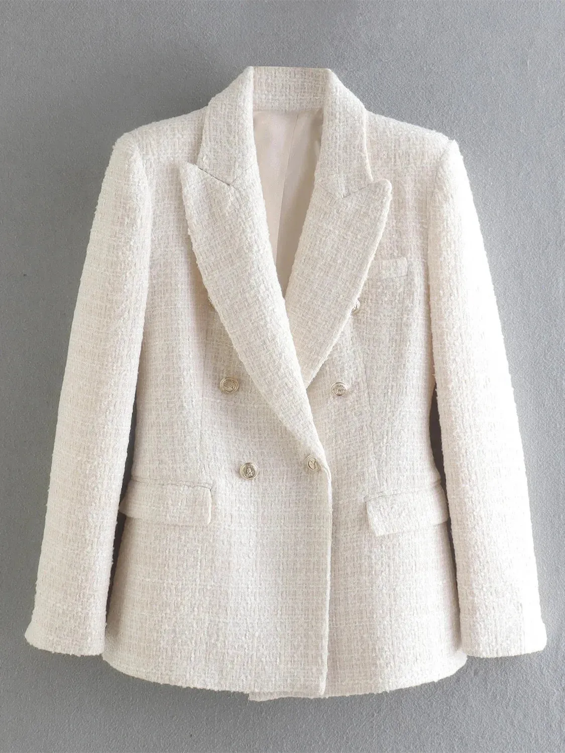 Women’s Double Breasted Button Up Beige Tweed Blazer