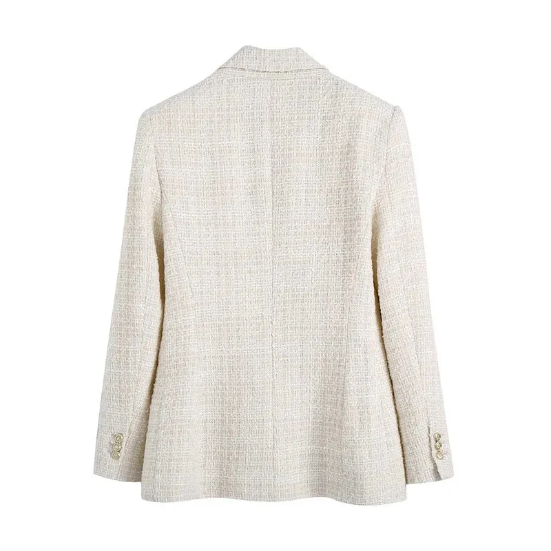 Women’s Double Breasted Button Up Beige Tweed Blazer