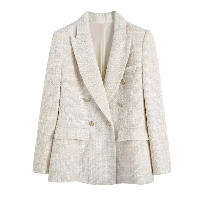 Women’s Double Breasted Button Up Beige Tweed Blazer