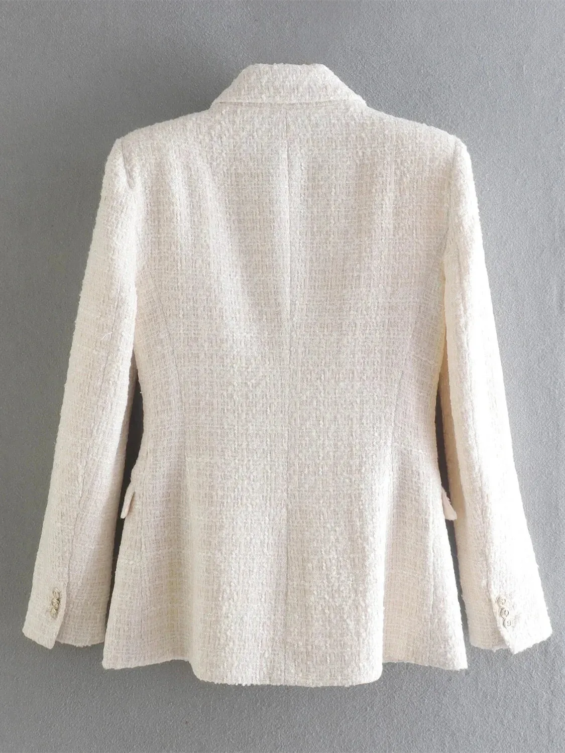 Women’s Double Breasted Button Up Beige Tweed Blazer