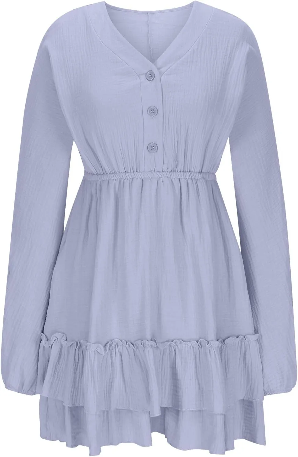 Women's Fall Trendy V Neck Button Down Long Lantern Sleeves Dress Ruffle Tiered Solid Color Waist Swing Mini Dresses