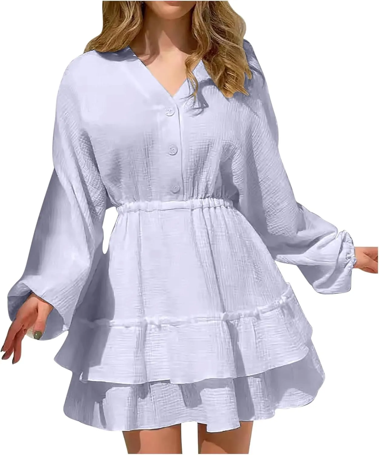 Women's Fall Trendy V Neck Button Down Long Lantern Sleeves Dress Ruffle Tiered Solid Color Waist Swing Mini Dresses