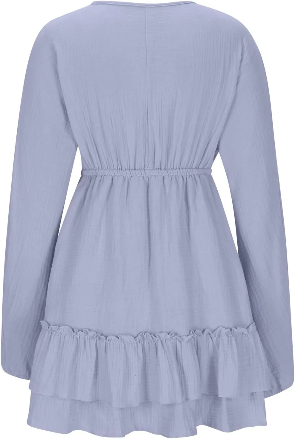 Women's Fall Trendy V Neck Button Down Long Lantern Sleeves Dress Ruffle Tiered Solid Color Waist Swing Mini Dresses