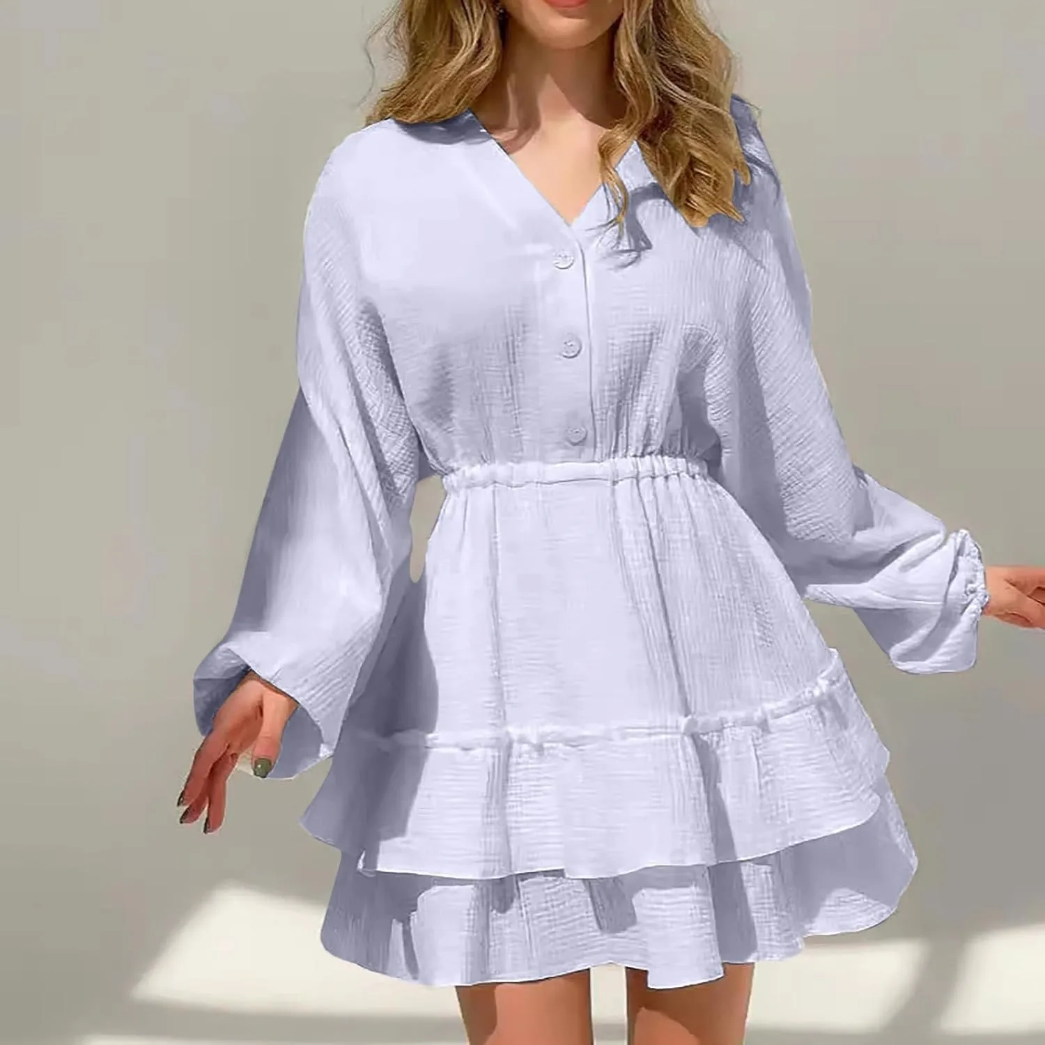 Women's Fall Trendy V Neck Button Down Long Lantern Sleeves Dress Ruffle Tiered Solid Color Waist Swing Mini Dresses