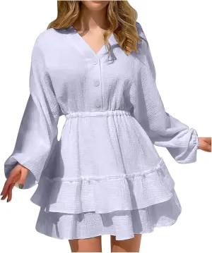 Women's Fall Trendy V Neck Button Down Long Lantern Sleeves Dress Ruffle Tiered Solid Color Waist Swing Mini Dresses