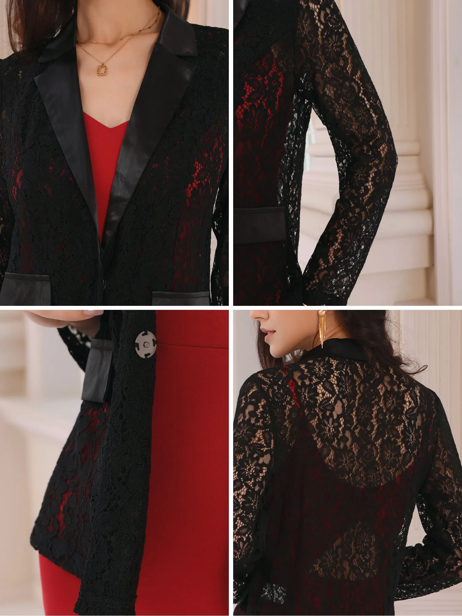 Women's Floral Lace Blazer Mesh Lapel Collar One Button Dressy Casual Blazers