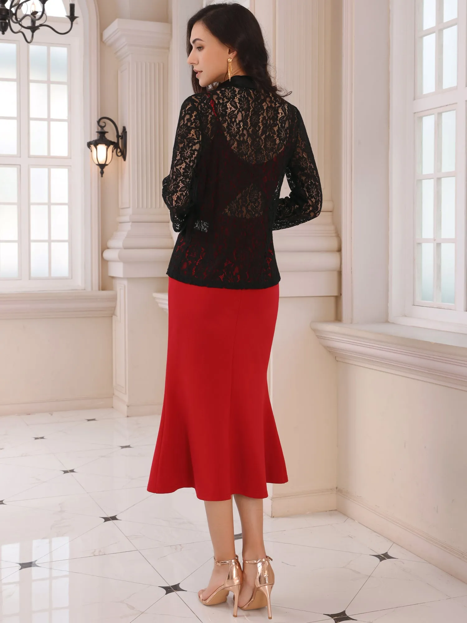 Women's Floral Lace Blazer Mesh Lapel Collar One Button Dressy Casual Blazers