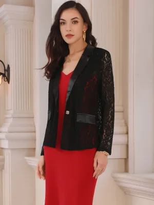 Women's Floral Lace Blazer Mesh Lapel Collar One Button Dressy Casual Blazers