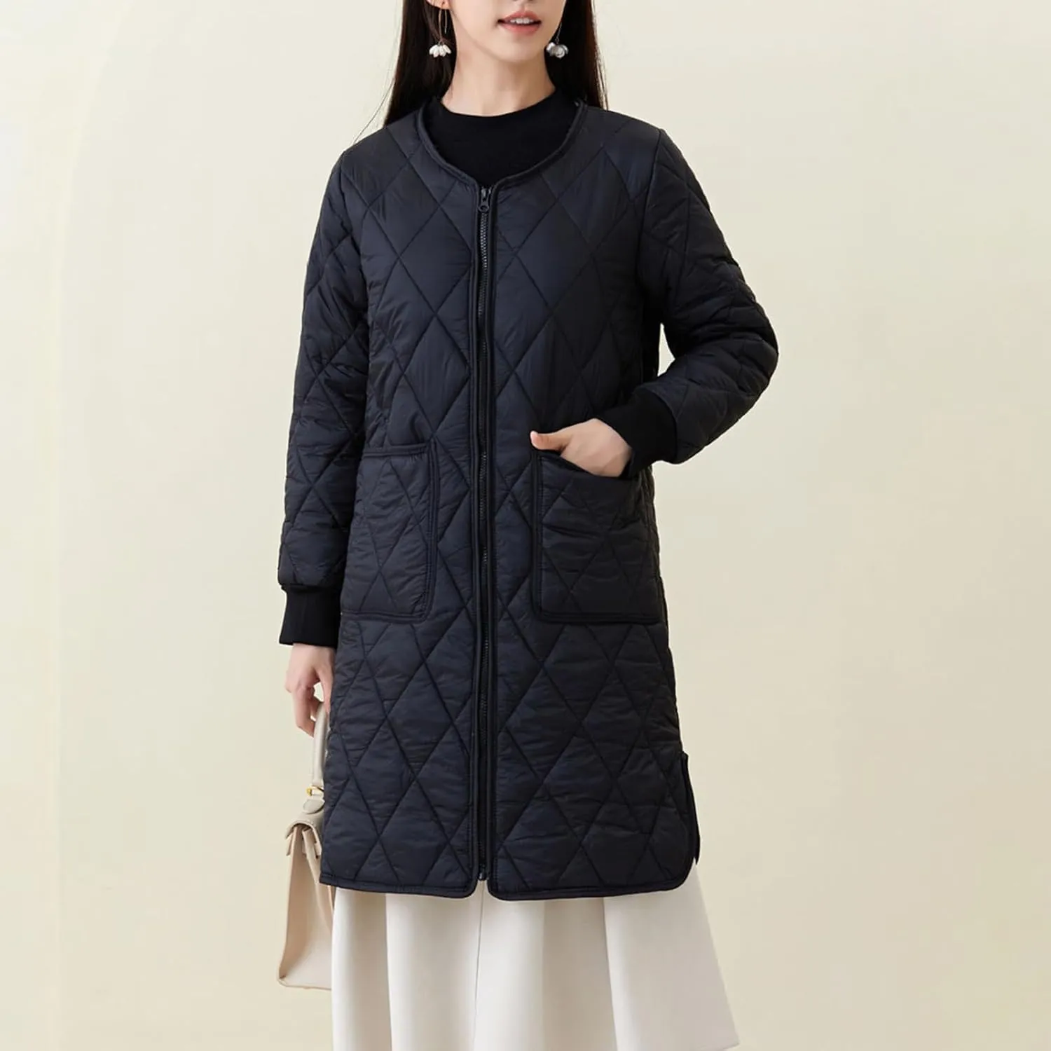Womens Lightweight Quilted Jacket Winter Warm Fleece Mid-Length Cotton Padded Puffer Coats Collarless Split Hem Outwear