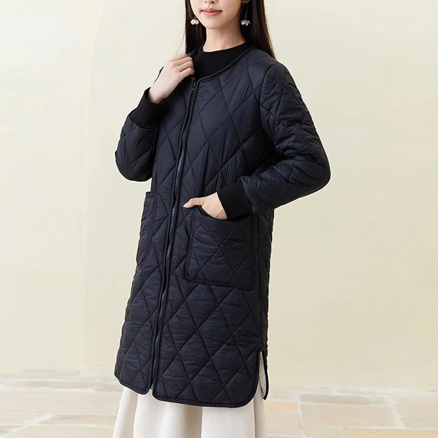 Womens Lightweight Quilted Jacket Winter Warm Fleece Mid-Length Cotton Padded Puffer Coats Collarless Split Hem Outwear
