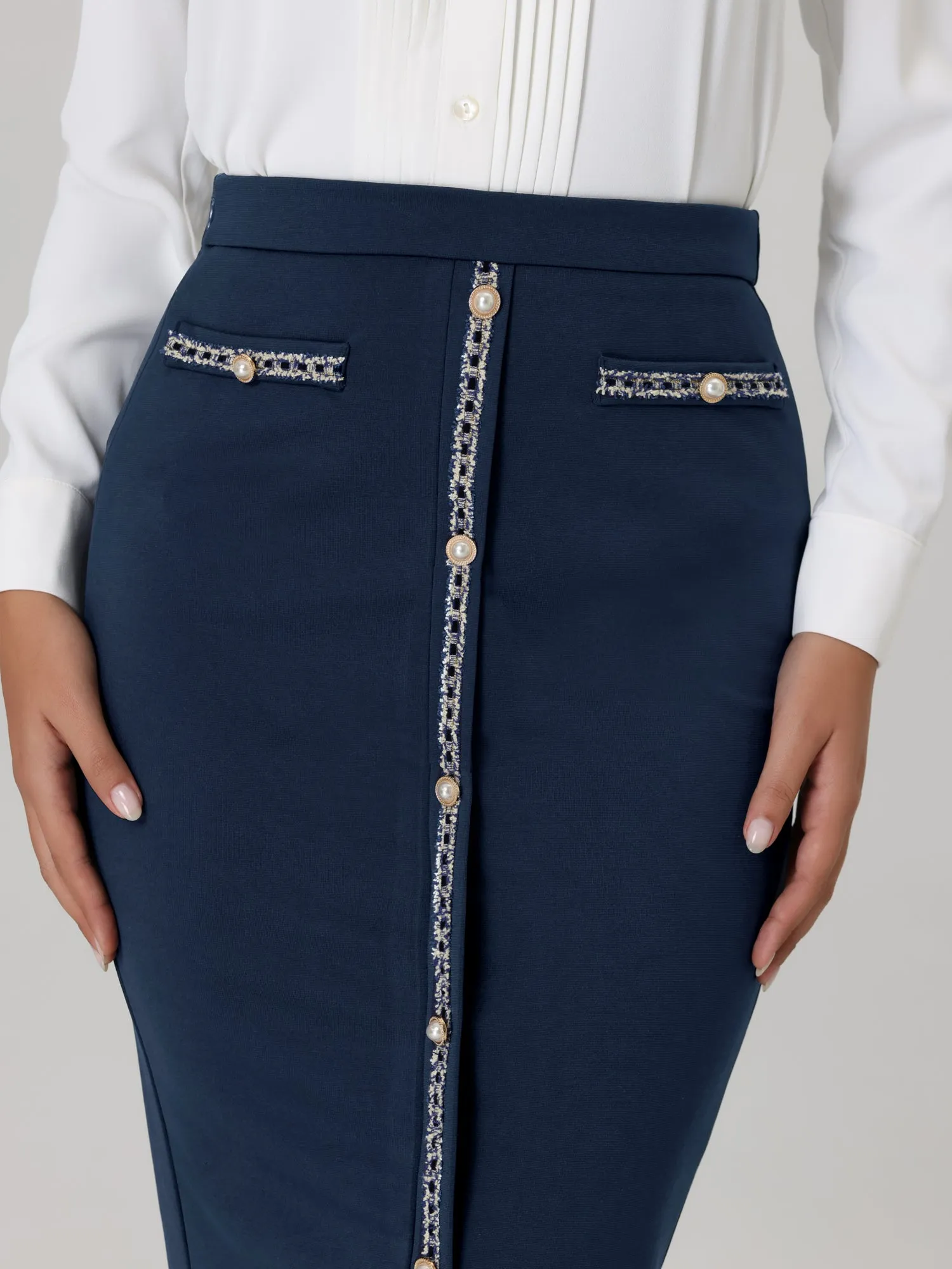 Women's Pencil Skirt High Waist Tweed Trim Work Bodycon Midi Skirts