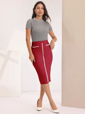 Women's Pencil Skirt High Waist Tweed Trim Work Bodycon Midi Skirts