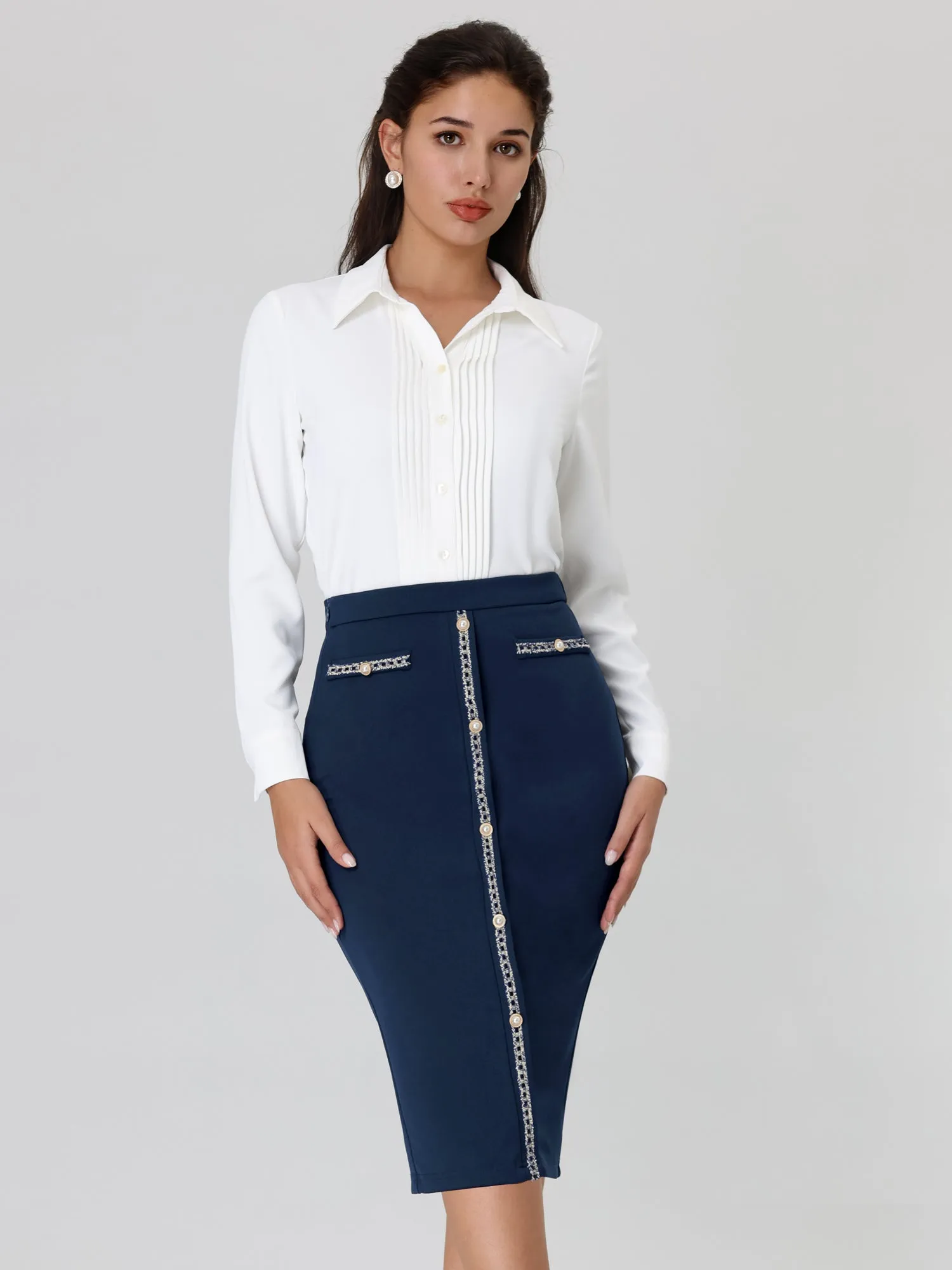 Women's Pencil Skirt High Waist Tweed Trim Work Bodycon Midi Skirts
