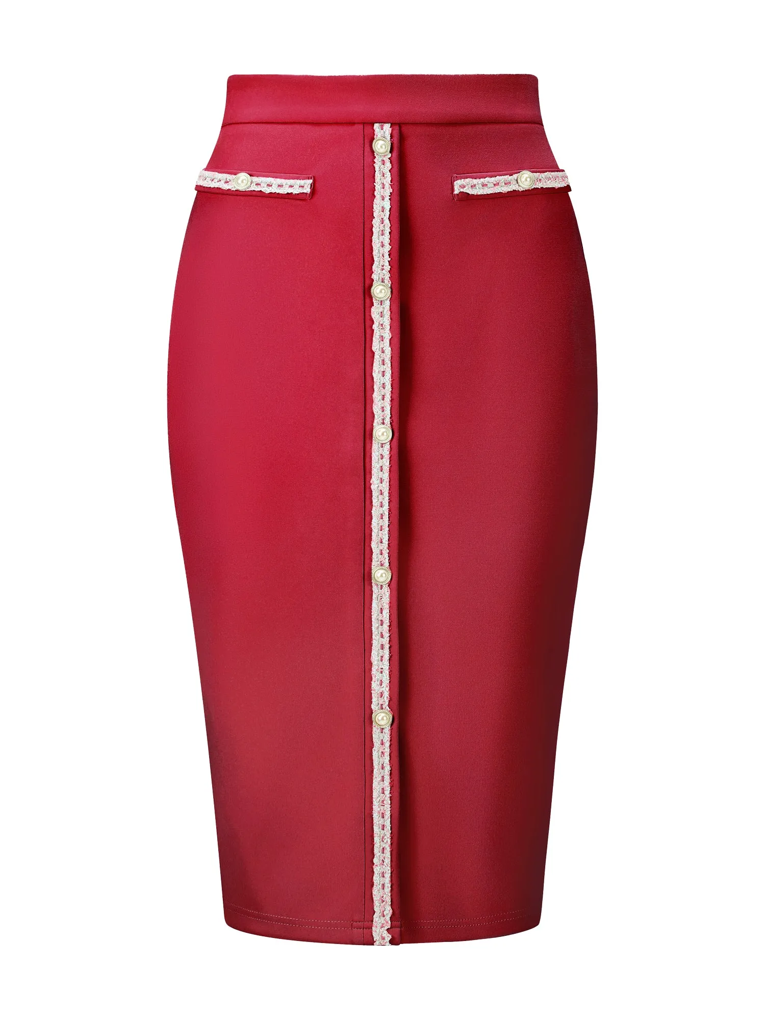 Women's Pencil Skirt High Waist Tweed Trim Work Bodycon Midi Skirts