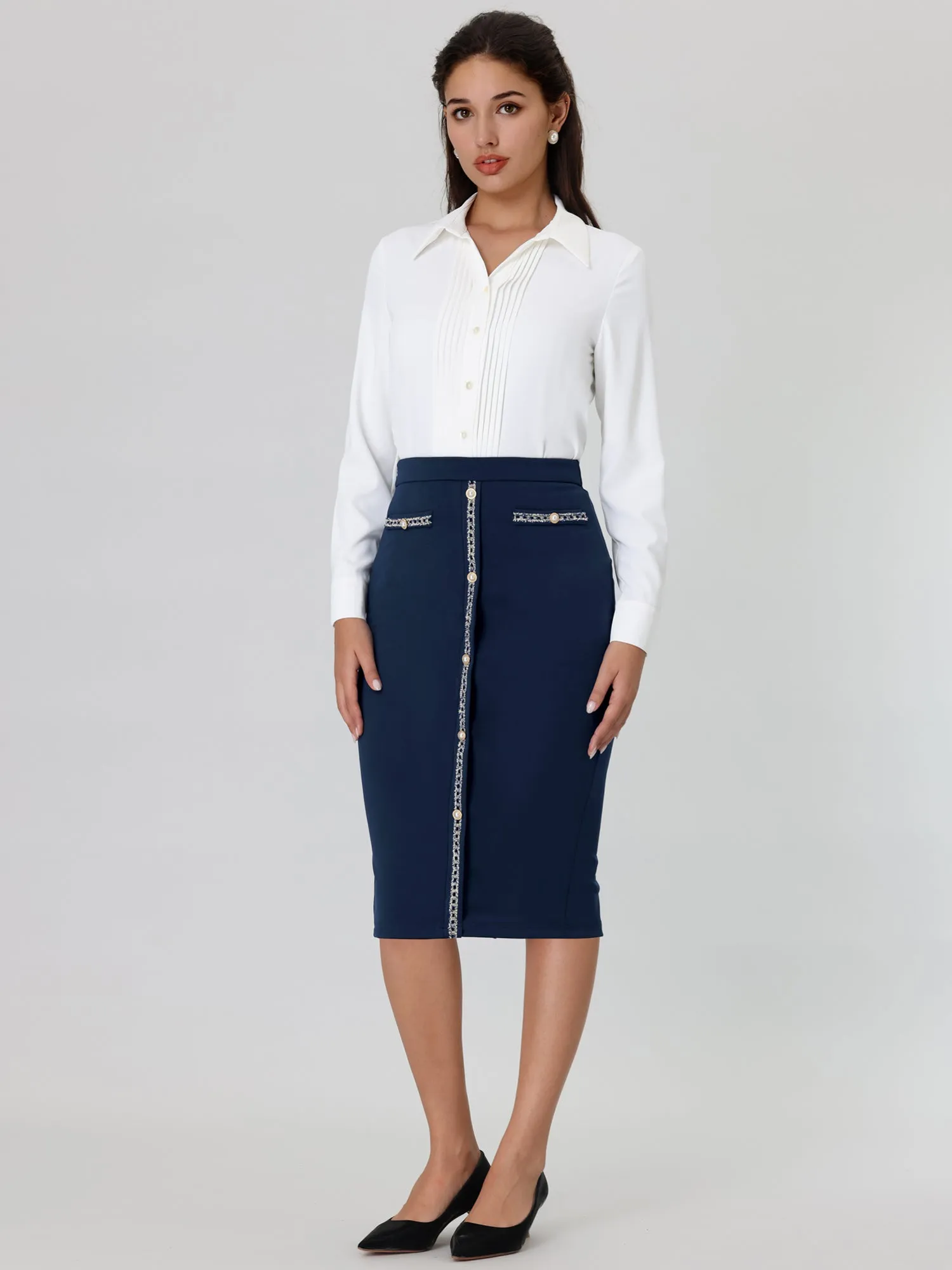 Women's Pencil Skirt High Waist Tweed Trim Work Bodycon Midi Skirts