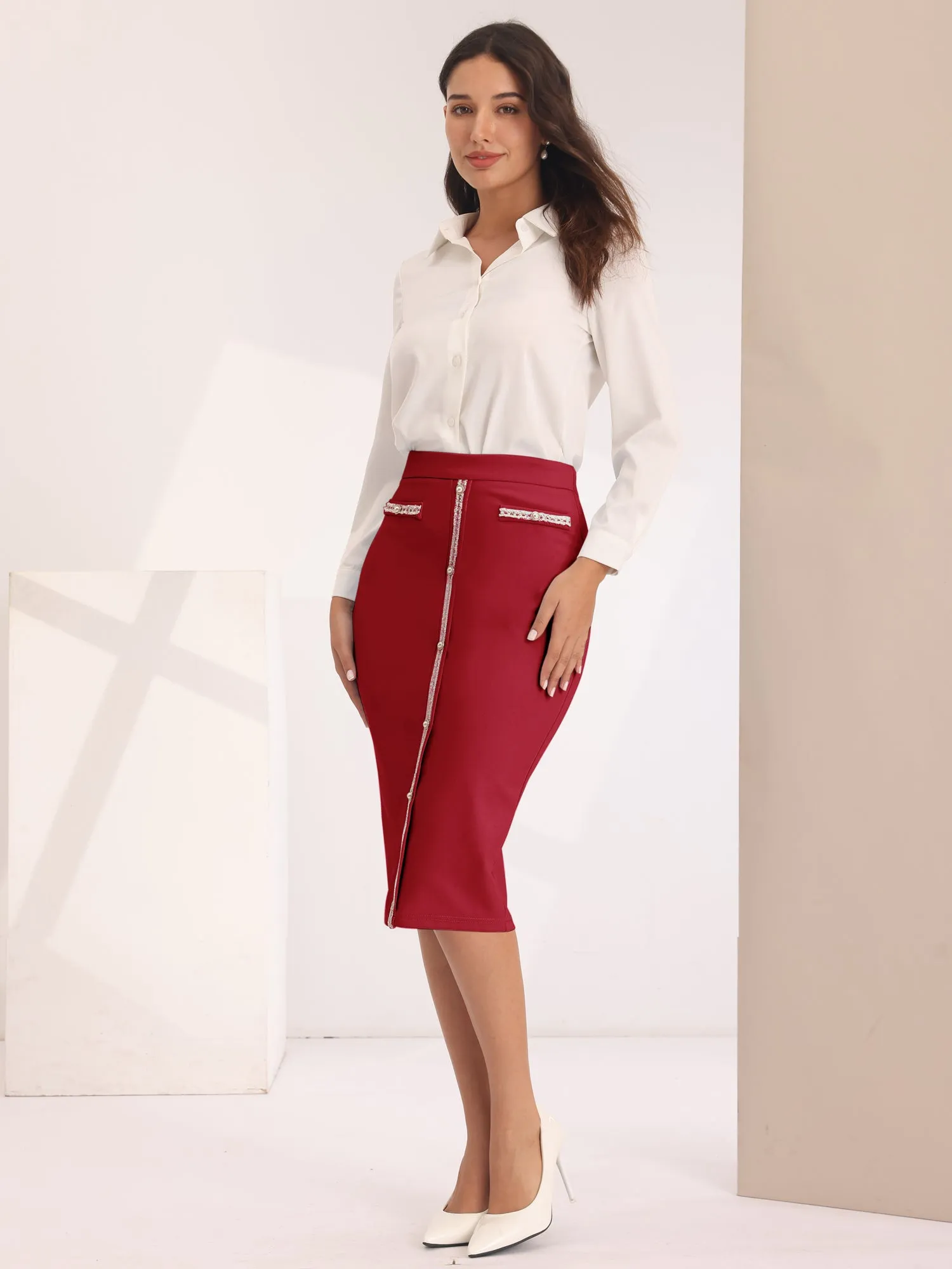 Women's Pencil Skirt High Waist Tweed Trim Work Bodycon Midi Skirts