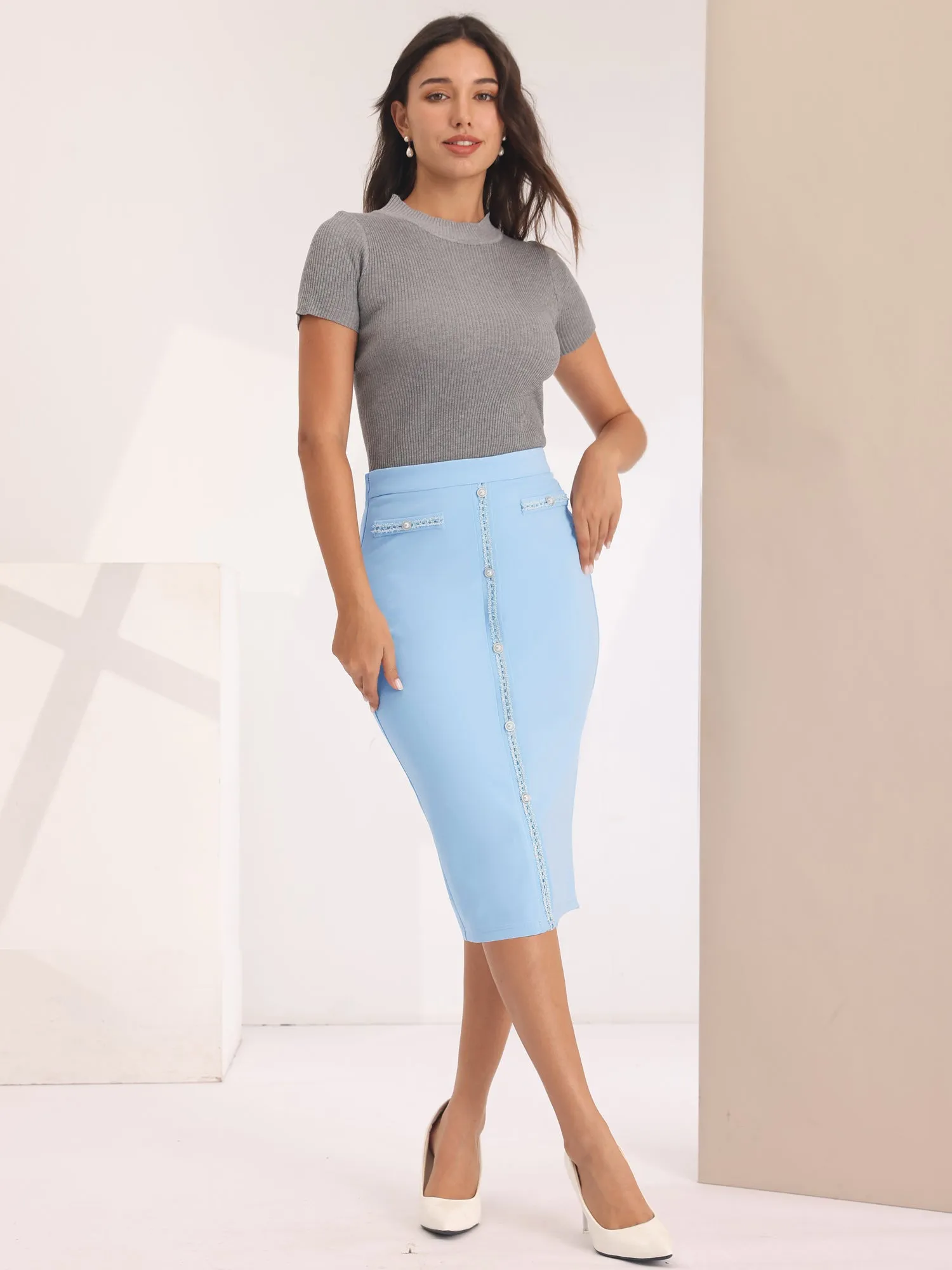 Women's Pencil Skirt High Waist Tweed Trim Work Bodycon Midi Skirts