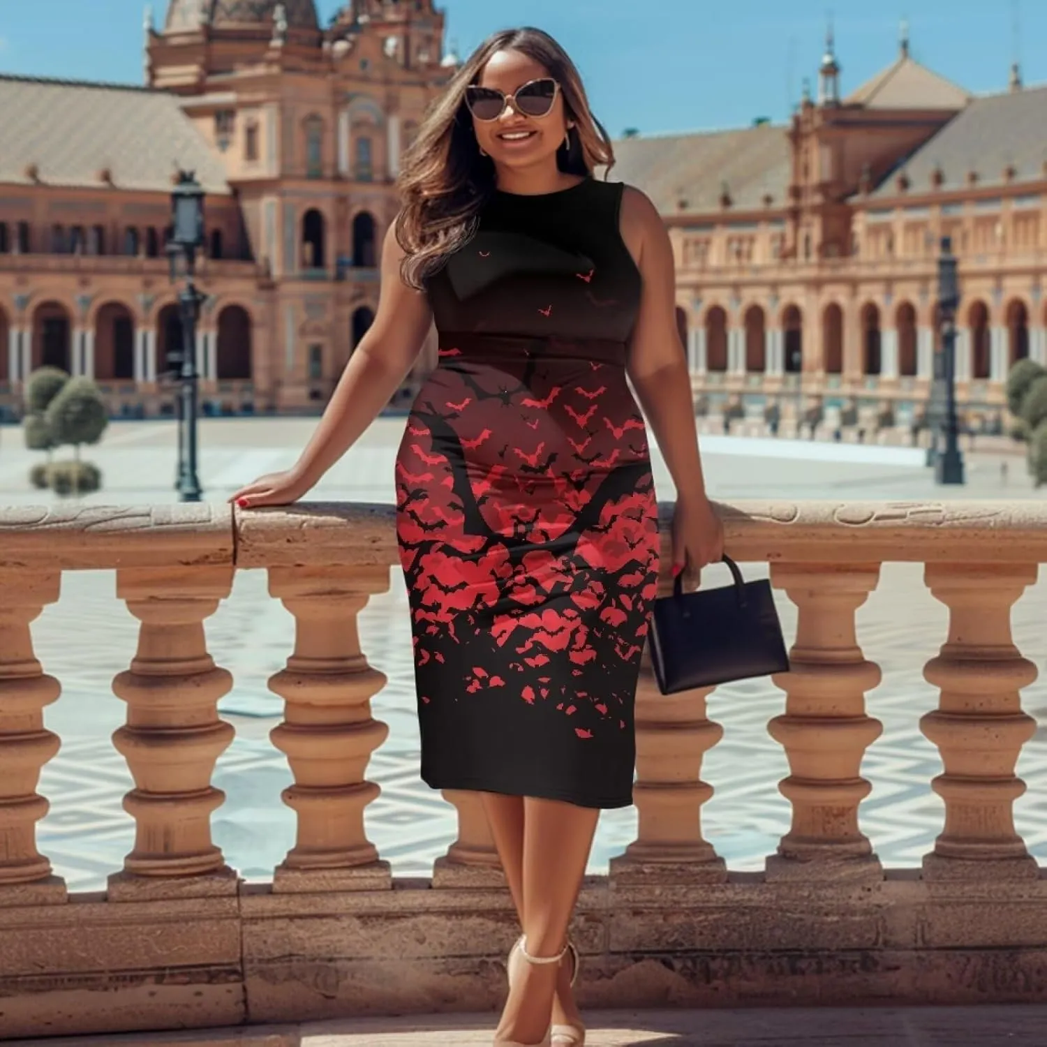Women's Sleeveless Bodycon Dress Plus Size Sundress Casual Crewneck Wrap Dress Shift Dress for Beach Vacation
