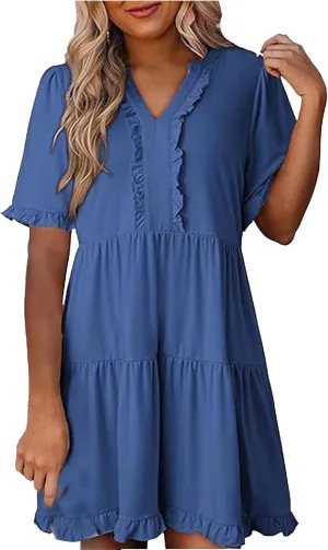 Women's V Neck Tunic Dresses Ruffle Sleeve A Line Tiered Flowy Swing Shift Dress Mini Loose Fit Dress Sundress 2025