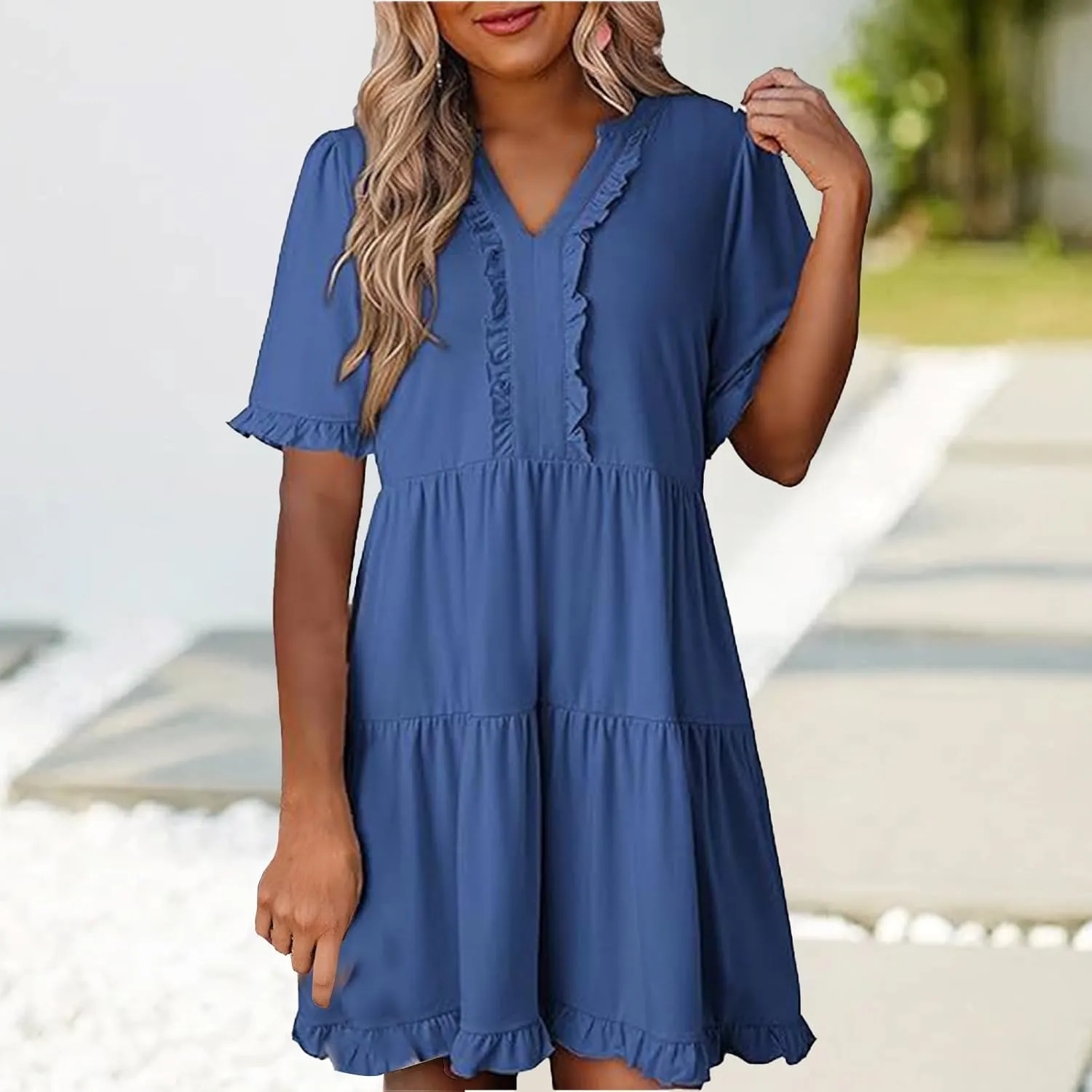 Women's V Neck Tunic Dresses Ruffle Sleeve A Line Tiered Flowy Swing Shift Dress Mini Loose Fit Dress Sundress 2025