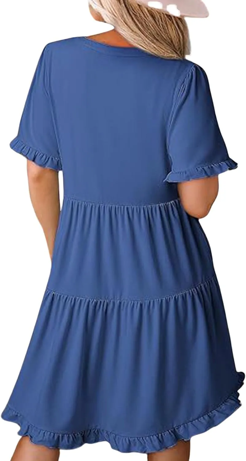 Women's V Neck Tunic Dresses Ruffle Sleeve A Line Tiered Flowy Swing Shift Dress Mini Loose Fit Dress Sundress 2025