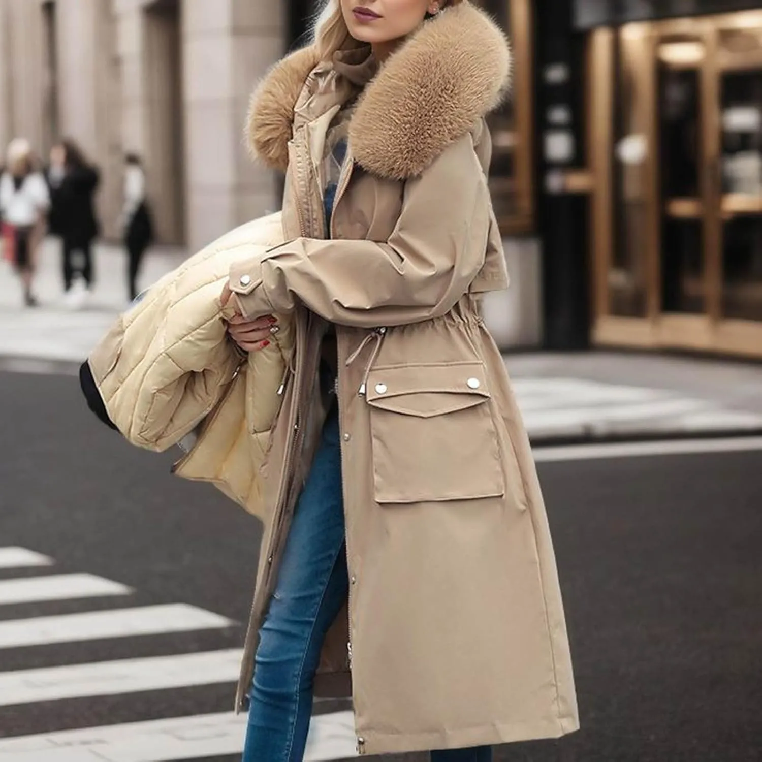 Women's Winter Coats Detachable Cotton Padded Lined Parka Jacket Faux Fur Hooded Long Winter Warm Outwear with Pockets