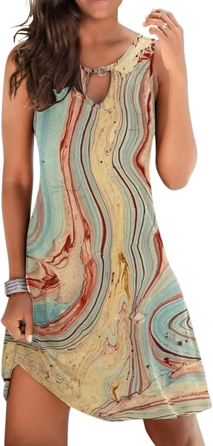 ZYXTIM Women's Casual Summer Sleeveless Dresses American Flag Star Vertical Striped Flowy Swing Shift Dress Boho Tank Dress
